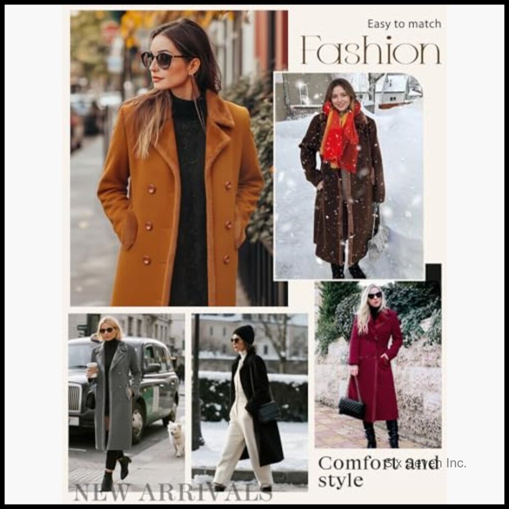Double Breasted Pea Coat with Faux Fur Collar, Mid-Calf Length, Polyester - Picture 5 of 7